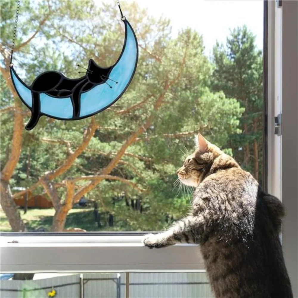 Stained Glass Cat on Moon, Sleeping Cat, Handcrafted Black Cat Suncatchers - Picture 2 of 6